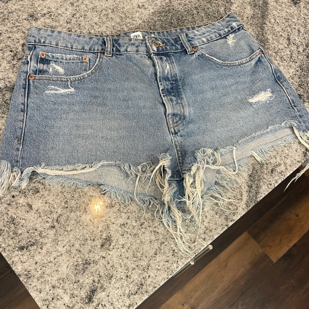 Zara Light Blue Distressed Jean Shorts